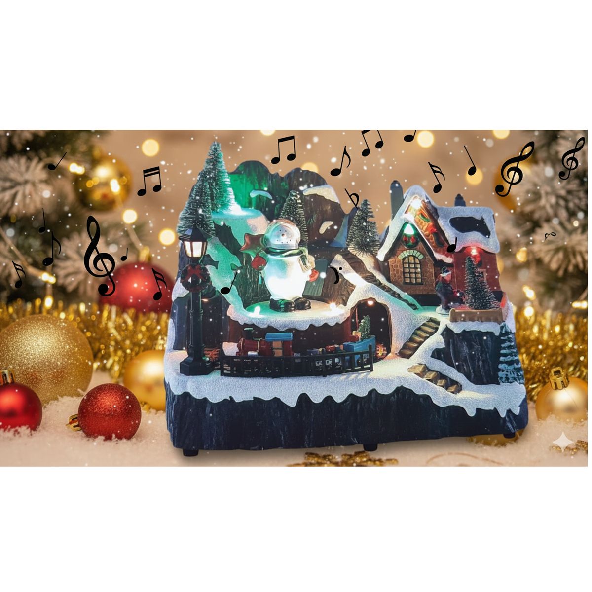 GENERICO - Villa Navideña Muñeco Nieve y Tren Giratorios Animados Luz LED