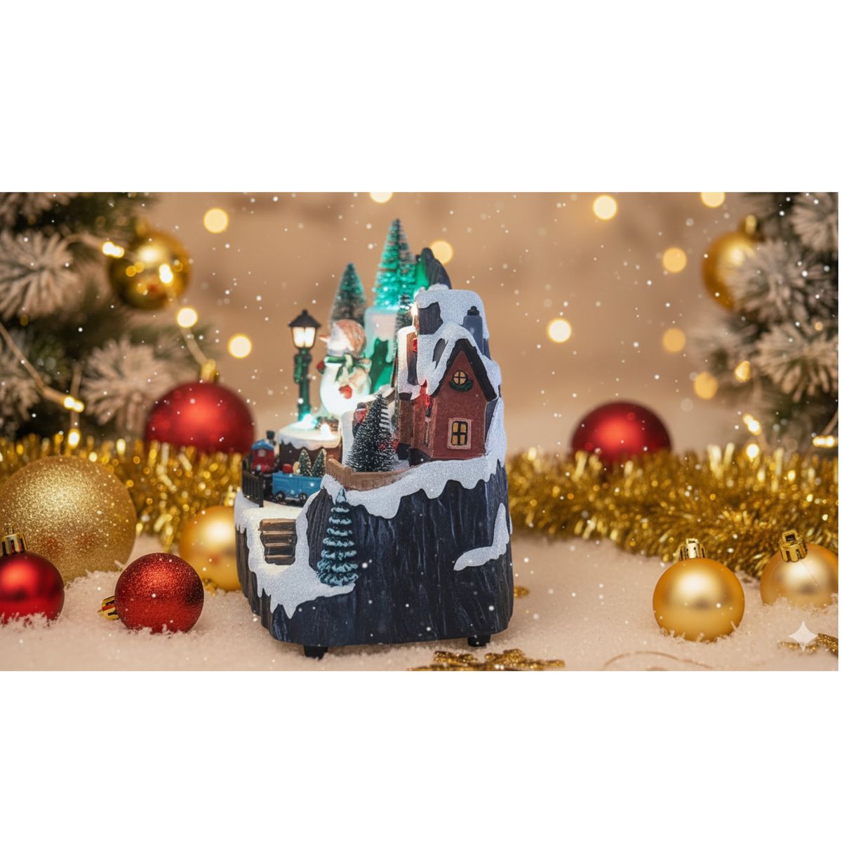 GENERICO - Villa Navideña Muñeco Nieve y Tren Giratorios Animados Luz LED