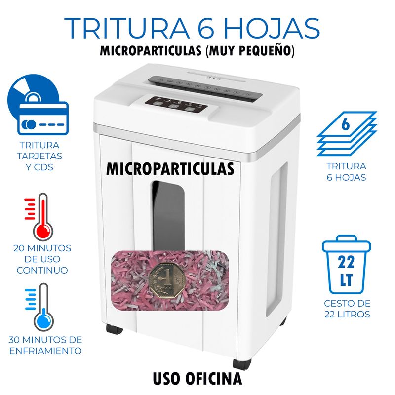 GENERICO - Trituradora de Papel Micro Corte de Alta Seguridad P6 22L