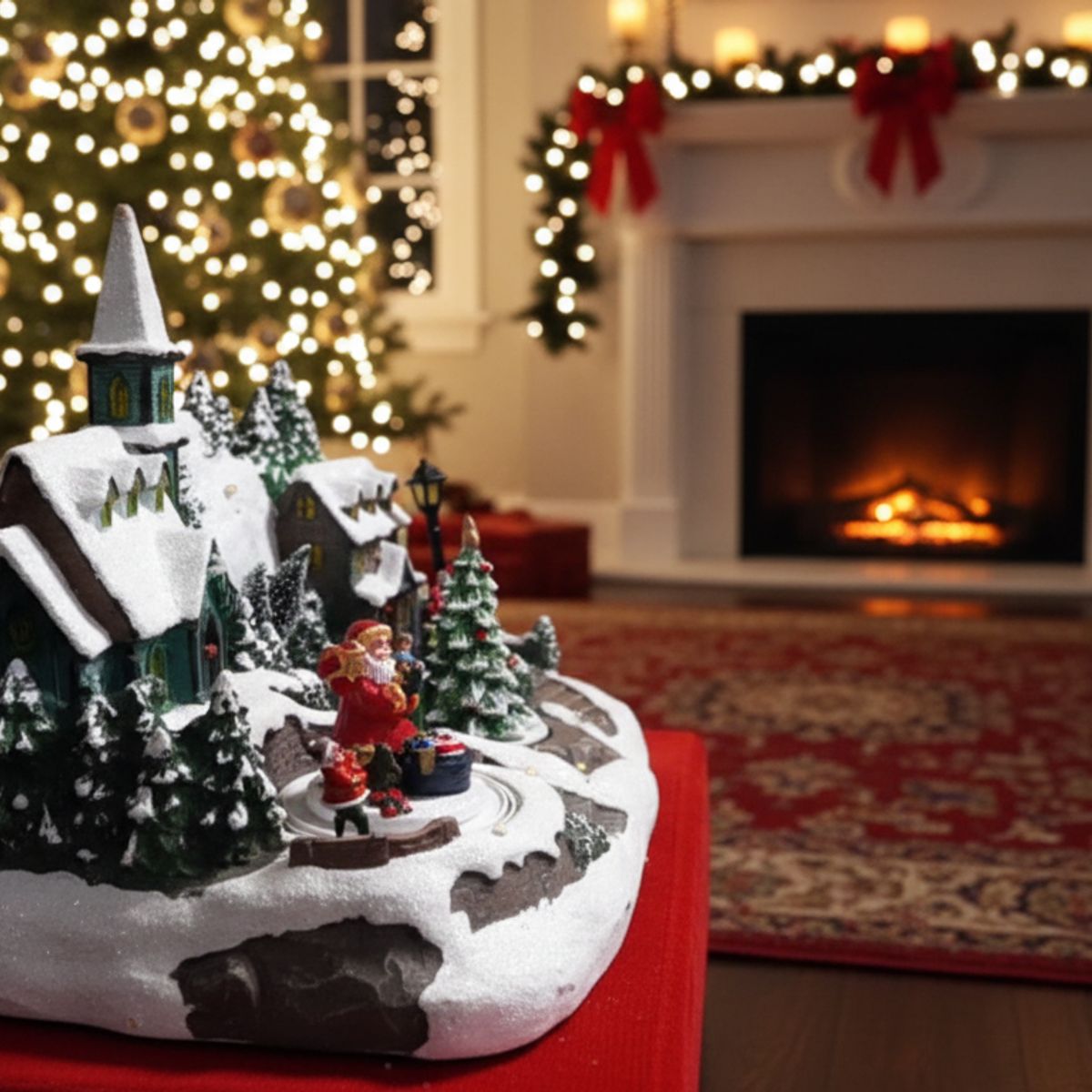 Villa Navideña Papa Noel y Árbol Giratorios Animados Luz LED, marca GENERICO - Foto Principal