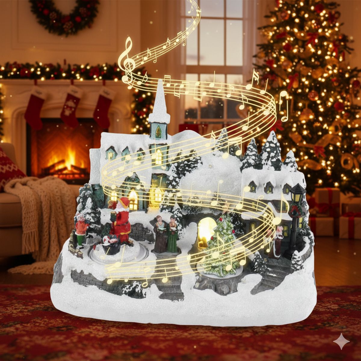 Villa Navideña Papa Noel y Árbol Giratorios Animados Luz LED, marca GENERICO - Foto 2