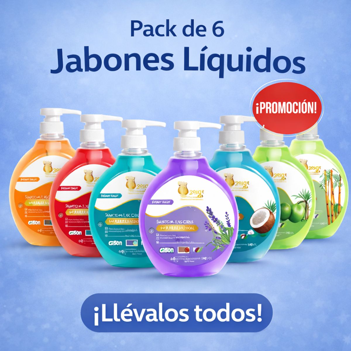 QUEEN - Pack de 6 Jabones Líquidos para Manos 400ml Aromas Surtidos Lavanda, Coco y Frutos Rojos