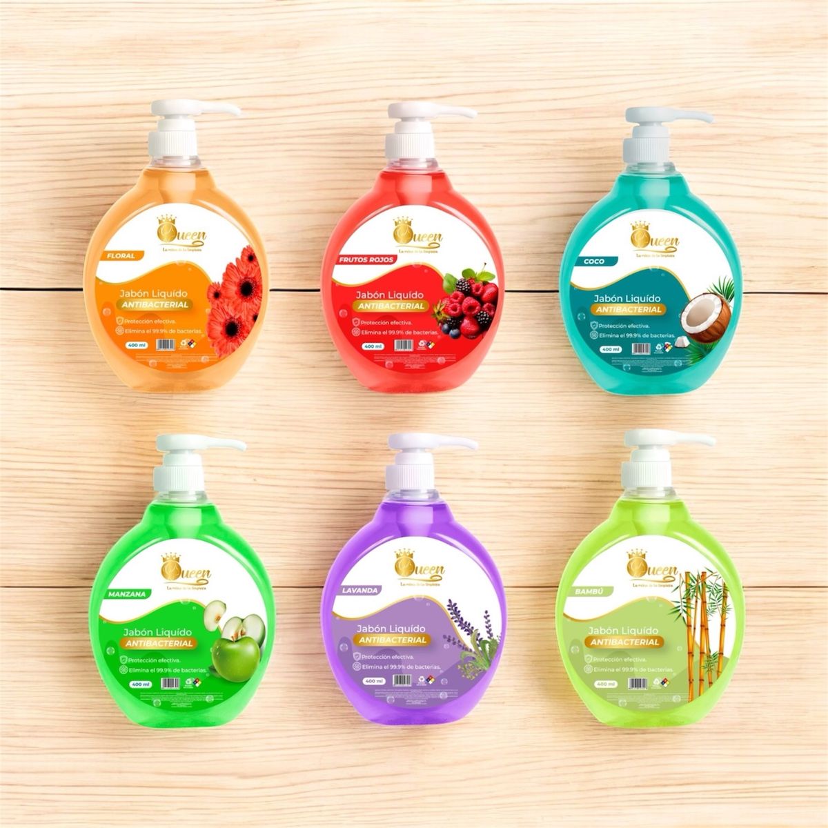 QUEEN - Pack de 6 Jabones Líquidos para Manos 400ml Aromas Surtidos Lavanda, Coco y Frutos Rojos