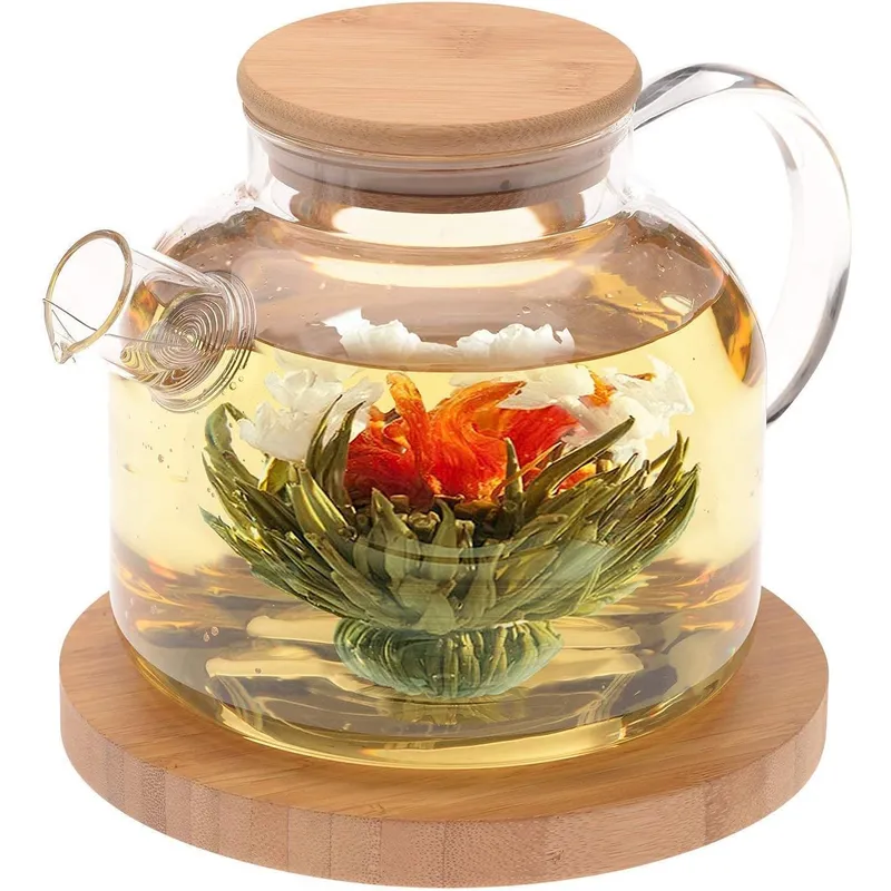 GENERICO - Tetera de vidrio borosilicato con tapa de bambú 1000 ml