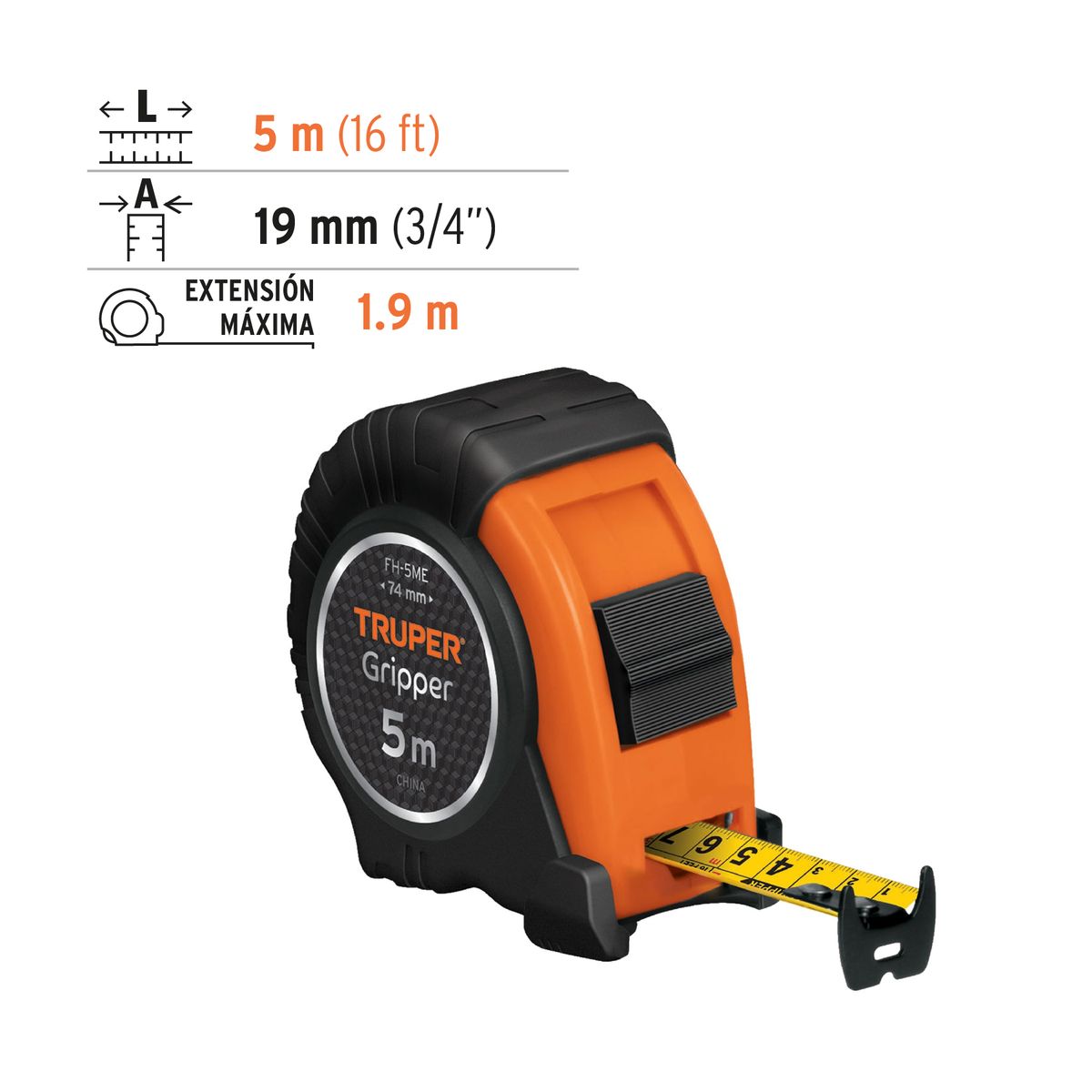 Truper - Flexómetro 5 m Cinta 19 mm Métrica anti impactos, Truper