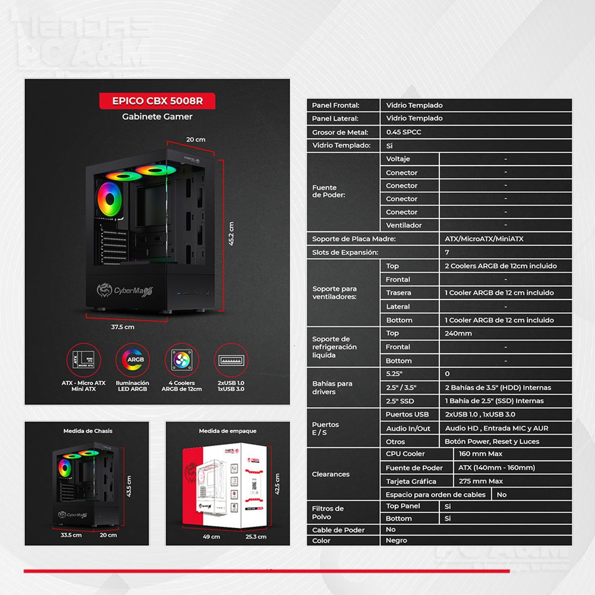 CYBERTEL - GABINETE GAMER CYBERTEL EPICO CBX 5008R 4 FAN ARGB