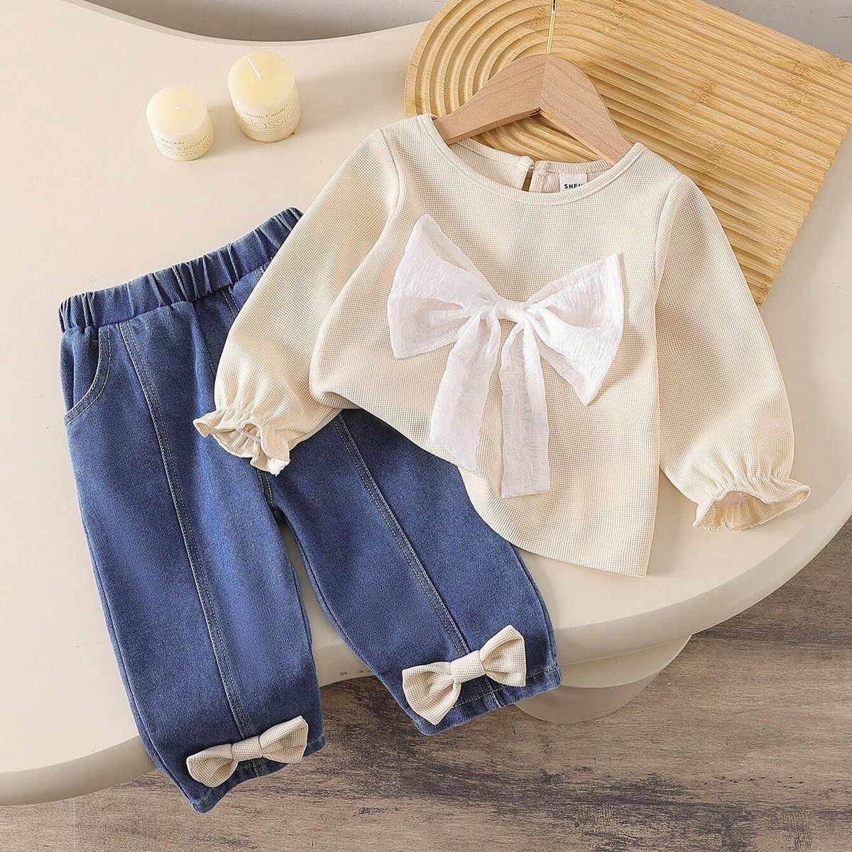 GENERICO - Set Lovely Bow blusa con lazo y pantalón denim