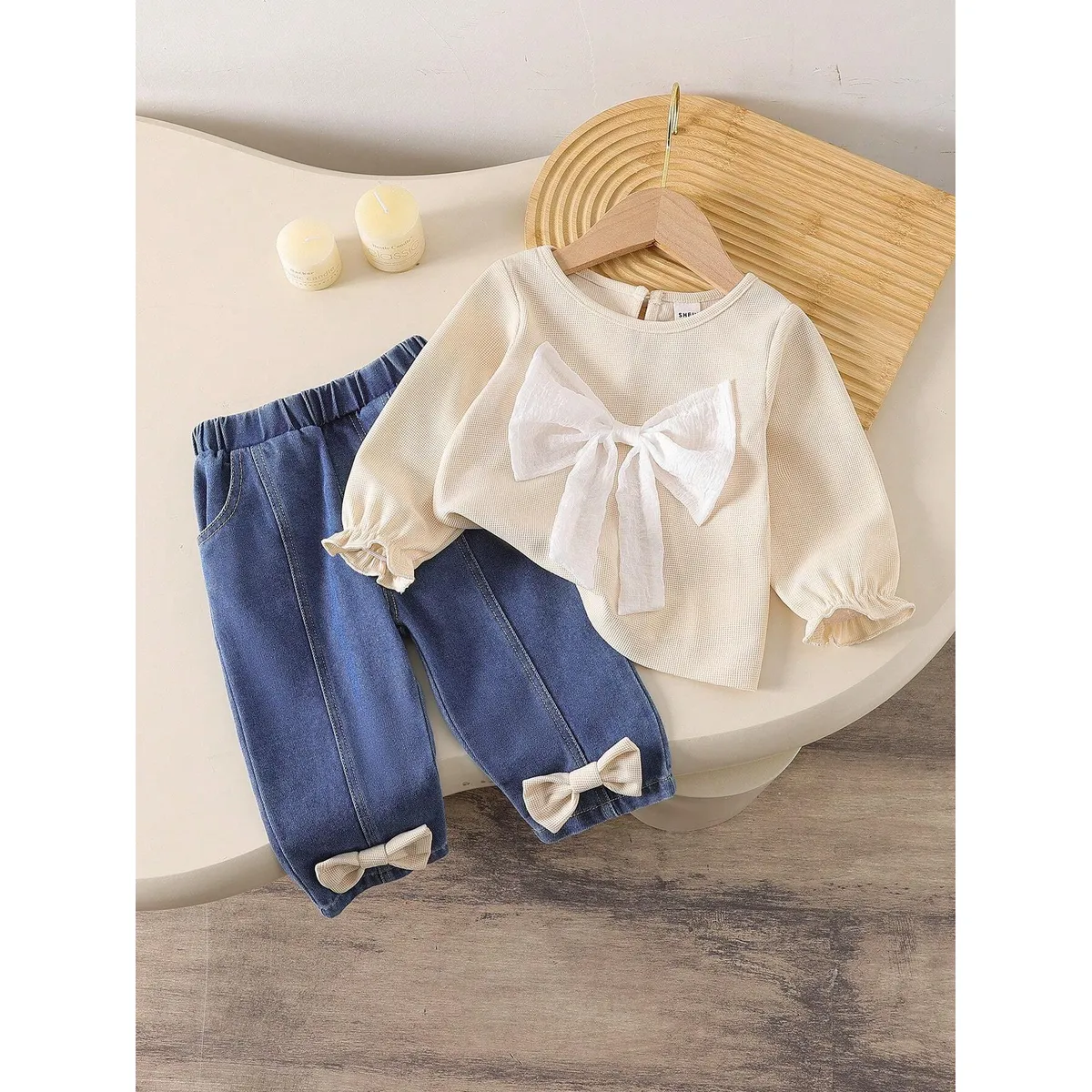 GENERICO - Set Lovely Bow blusa con lazo y pantalón denim