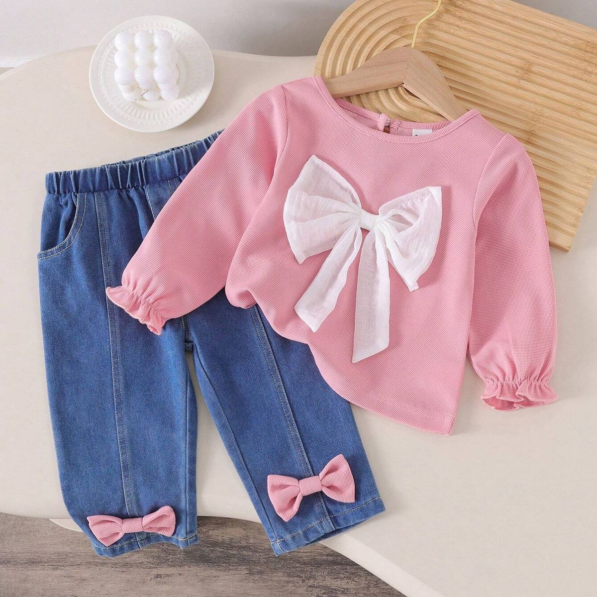 GENERICO - Set Lovely Bow blusa con lazo y pantalón denim