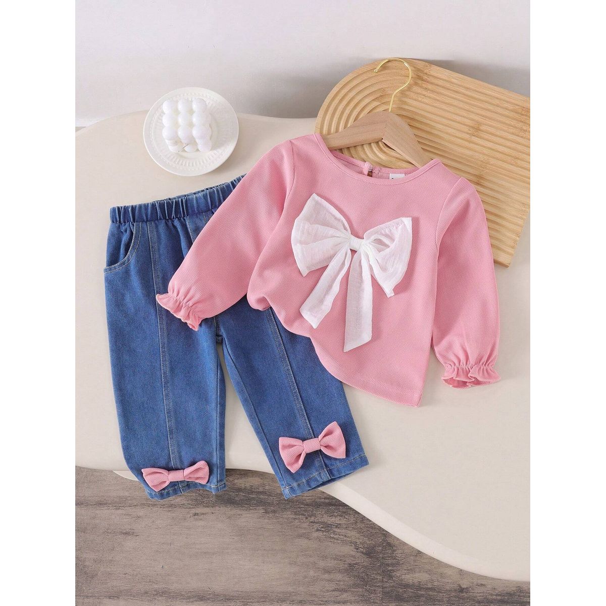 GENERICO - Set Lovely Bow blusa con lazo y pantalón denim