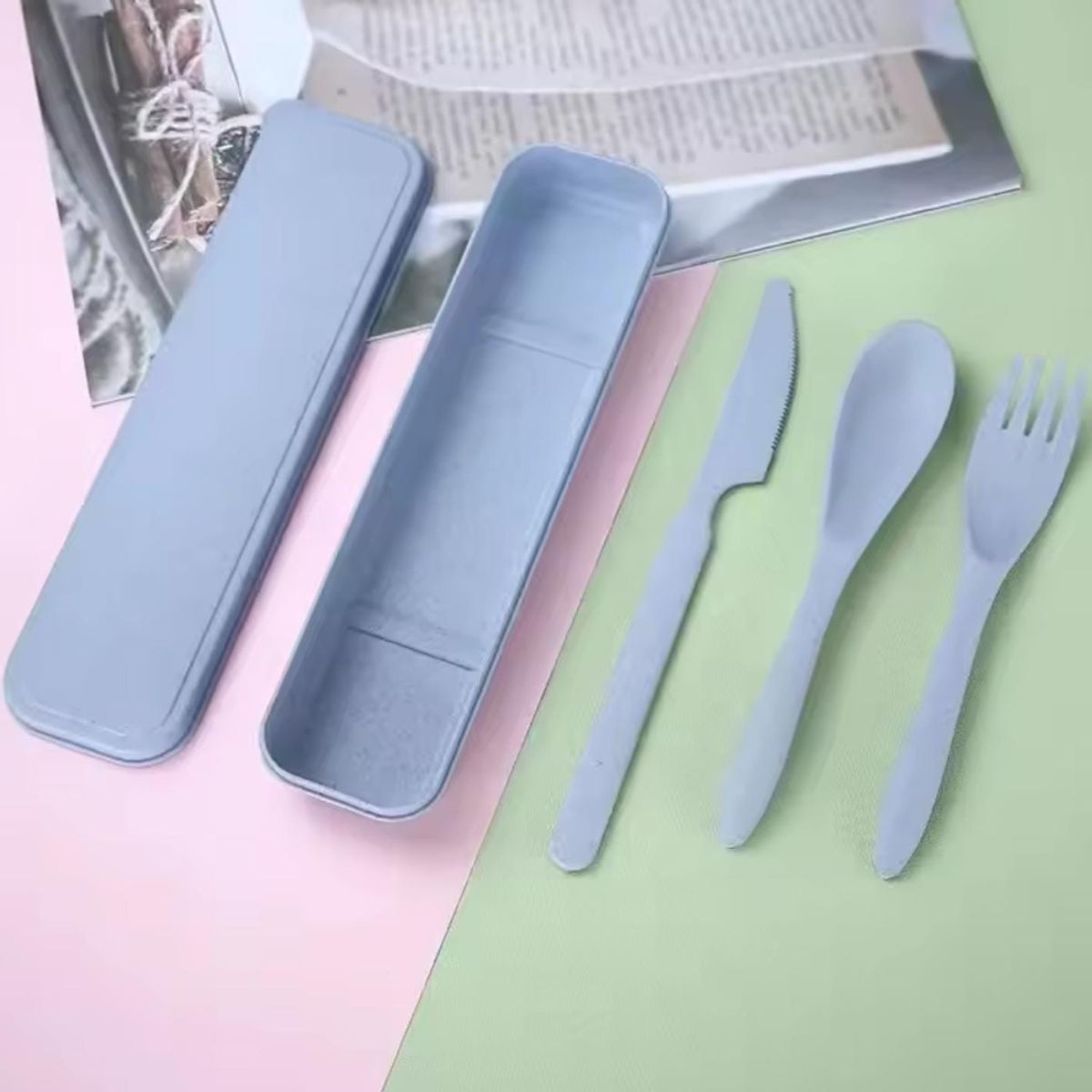 GENERICO - SET DE 3 CUBIERTOS ECOLÓGICOS PORTÁTIL COLOR CELESTE