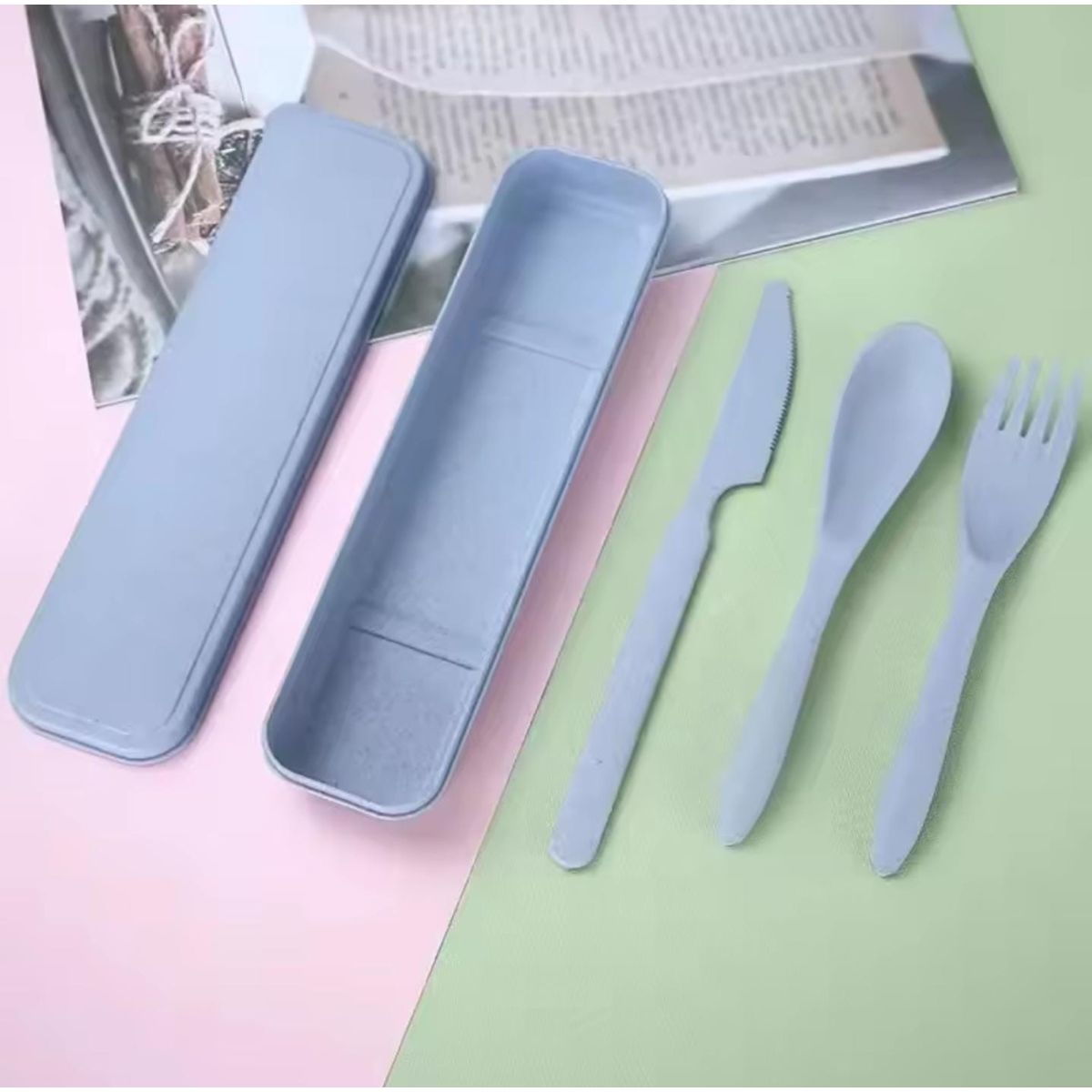 GENERICO - SET DE 3 CUBIERTOS ECOLÓGICOS PORTÁTIL COLOR CELESTE