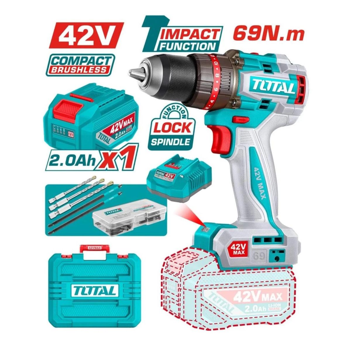 TOTAL TOOLS - Taladro Percutor 69Nm + 1 Batería y Cargador 42v Total