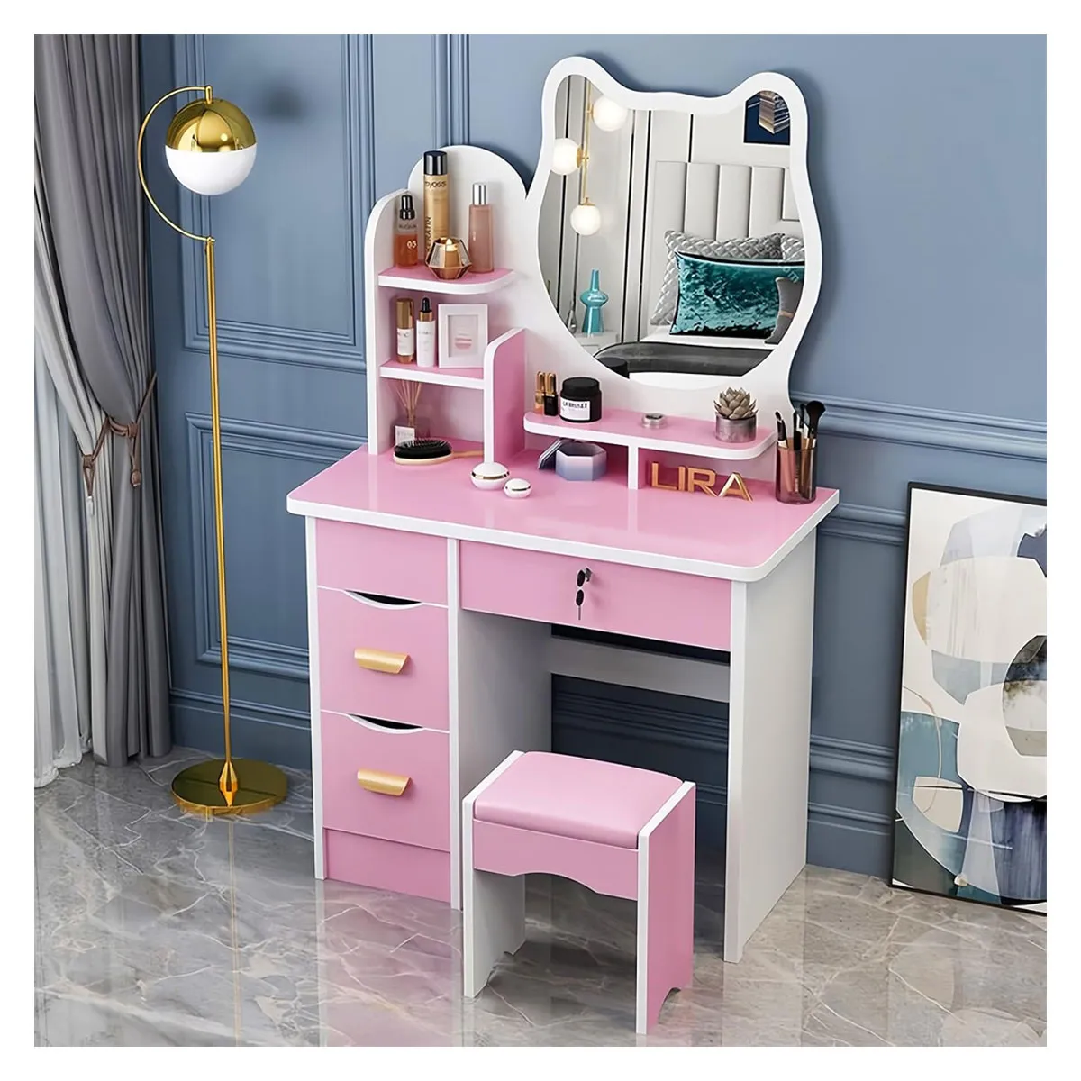 GENERICO - Tocador De Maquillaje Espejo Taburete Para Dormitorio Gato Rosado