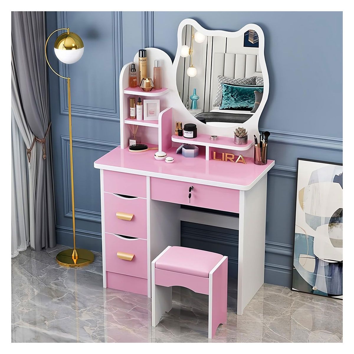 GENERICO - Tocador De Maquillaje Espejo Taburete Para Dormitorio Gato Rosado