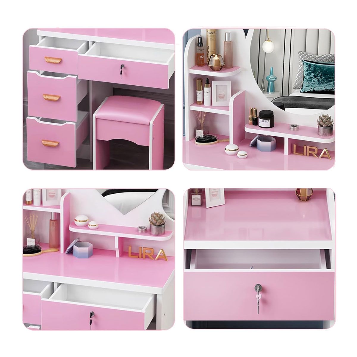 GENERICO - Tocador De Maquillaje Espejo Taburete Para Dormitorio Gato Rosado