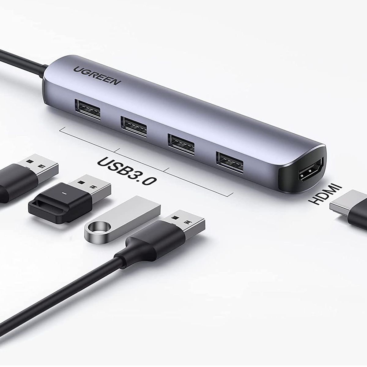 UGREEN - Adaptador Ugreen multipuertos 5 en 1 con HDMI 4K, USB-C y USB 3.0 x3, para laptops, MacBook, tablets