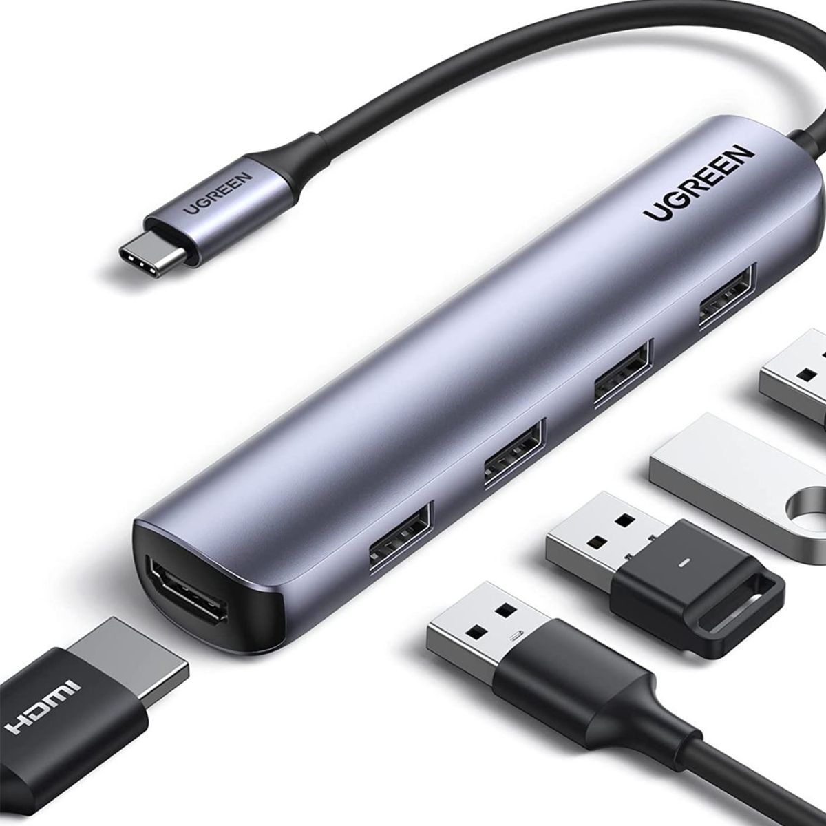 UGREEN - Adaptador Ugreen multipuertos 5 en 1 con HDMI 4K, USB-C y USB 3.0 x3, para laptops, MacBook, tablets