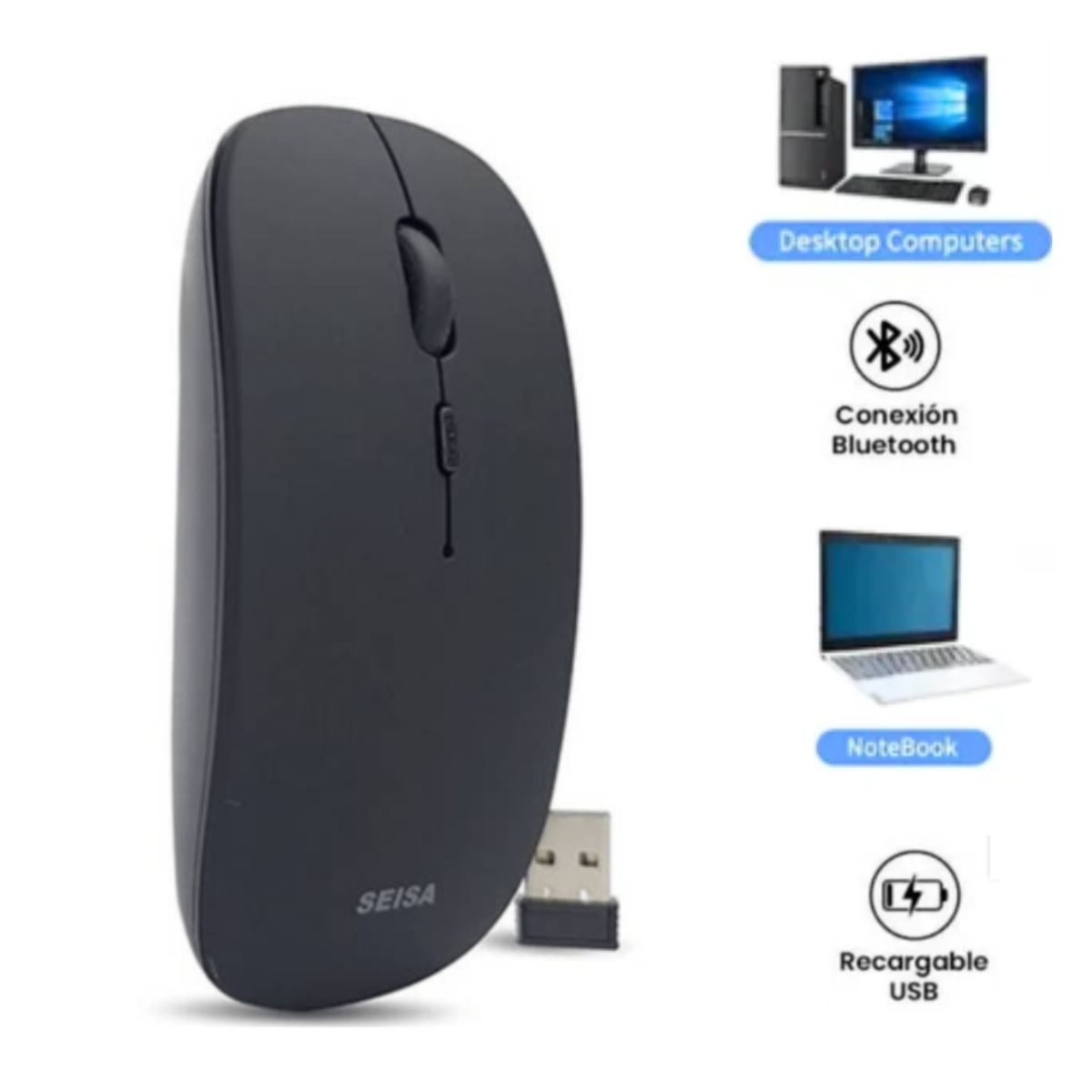 SEISA - Mouse Inalámbrico Recargable Dual Bluetooth y USB 24G NEGRO