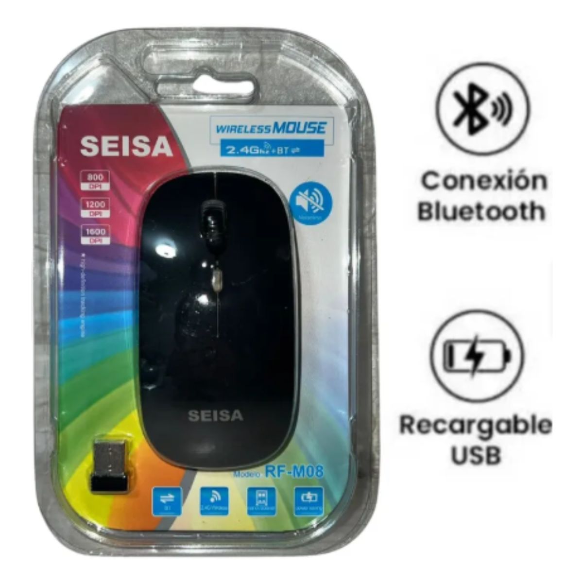 SEISA - Mouse Inalámbrico Recargable Dual Bluetooth y USB 24G NEGRO