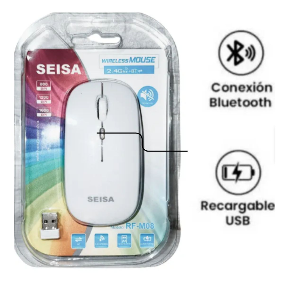 SEISA - Mouse Inalámbrico Recargable Dual Bluetooth y USB 24G Blanco