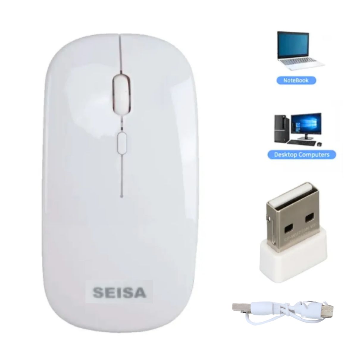 SEISA - Mouse Inalámbrico Recargable Dual Bluetooth y USB 24G Blanco