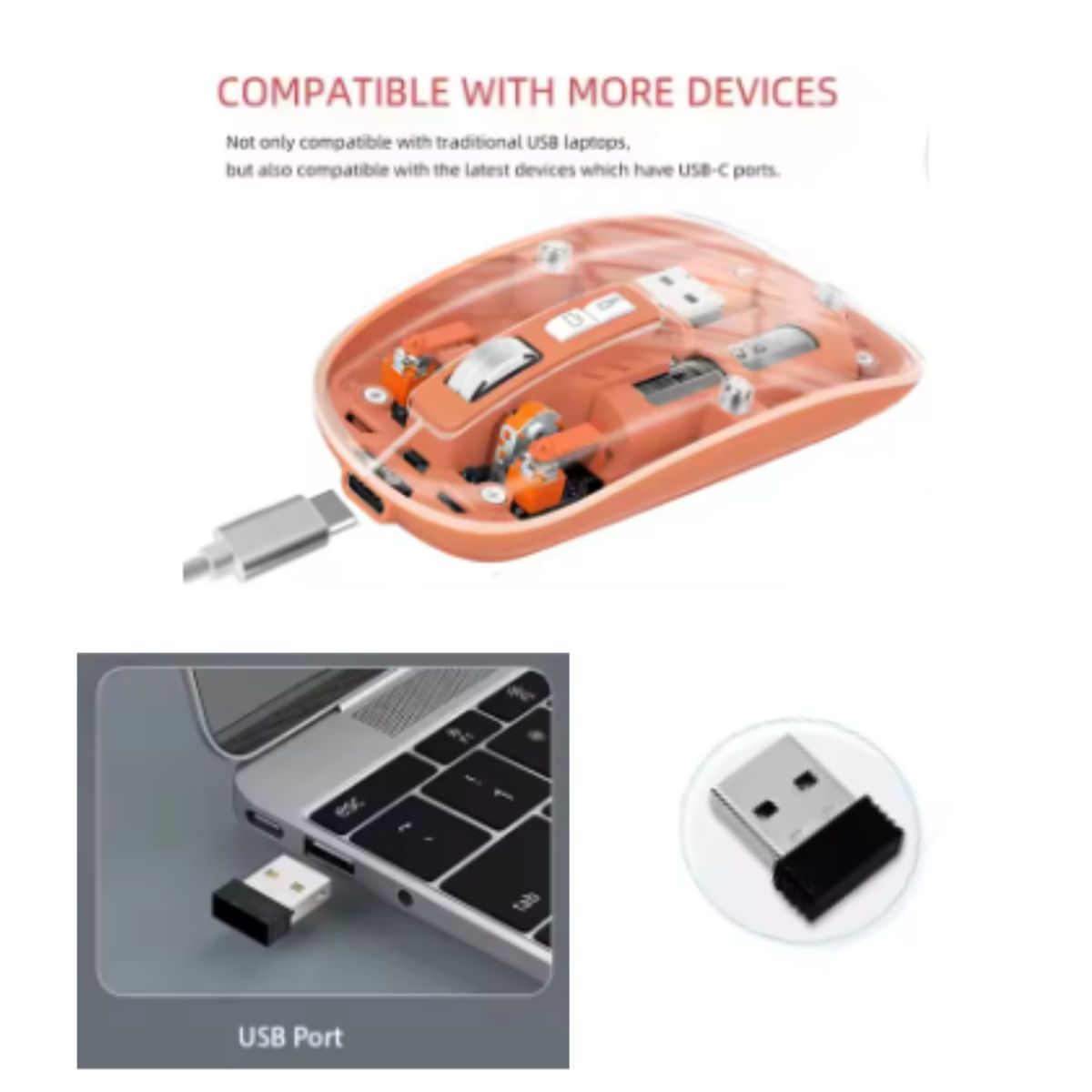 SEISA - Mouse Inalámbrico Recargable Dual Bluetooth y USB 24G transparente