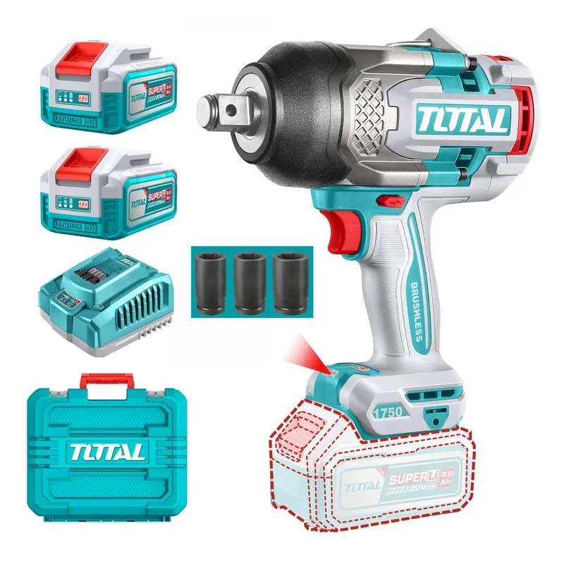 TOTAL TOOLS - Llave de impacto 1750nm + 2 baterías 8ah y cargador Industrial Total