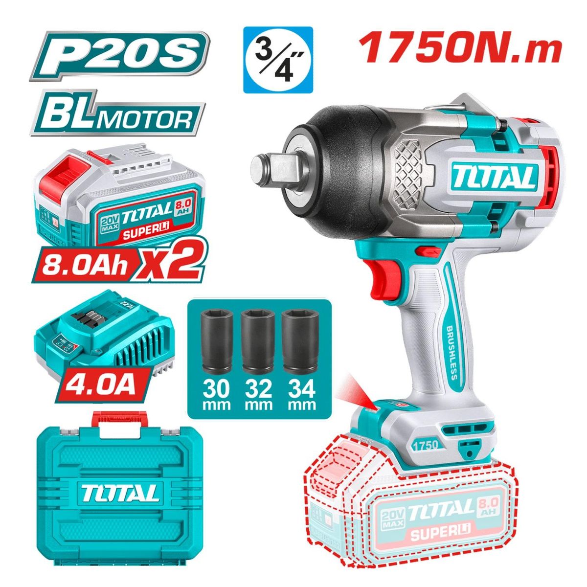 TOTAL TOOLS - Llave de impacto 1750nm + 2 baterías 8ah y cargador Industrial Total