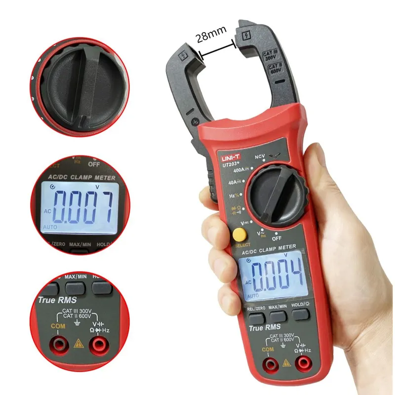 UNI T - Pinza Amperimétrica Digital UT203+, 400 A AC/DC, True RMS, Medición De Temperatura, UNI-T
