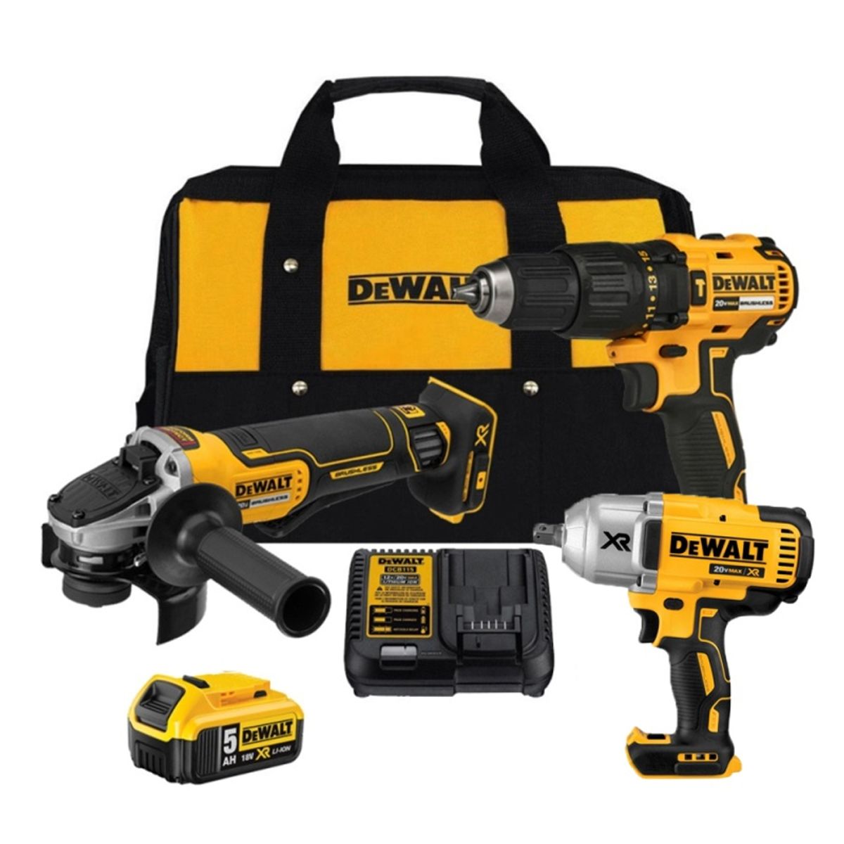 DEWALT - Taladro Perc 1/2" + Amoladora 4 1/2" + 1 Bat + Llave de Impacto 1/2" Dewalt DCK248P1-K12