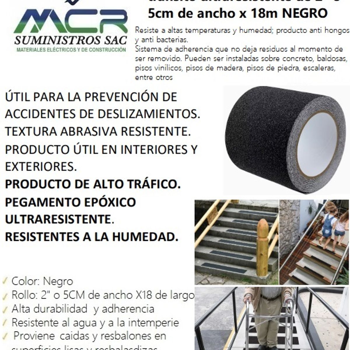 GENERICO - CINTA ANTIDESLIZANTE DE ALTO TRANSITO DE 2" O 5CM DE ANCHO X 18 MTS NEGRO