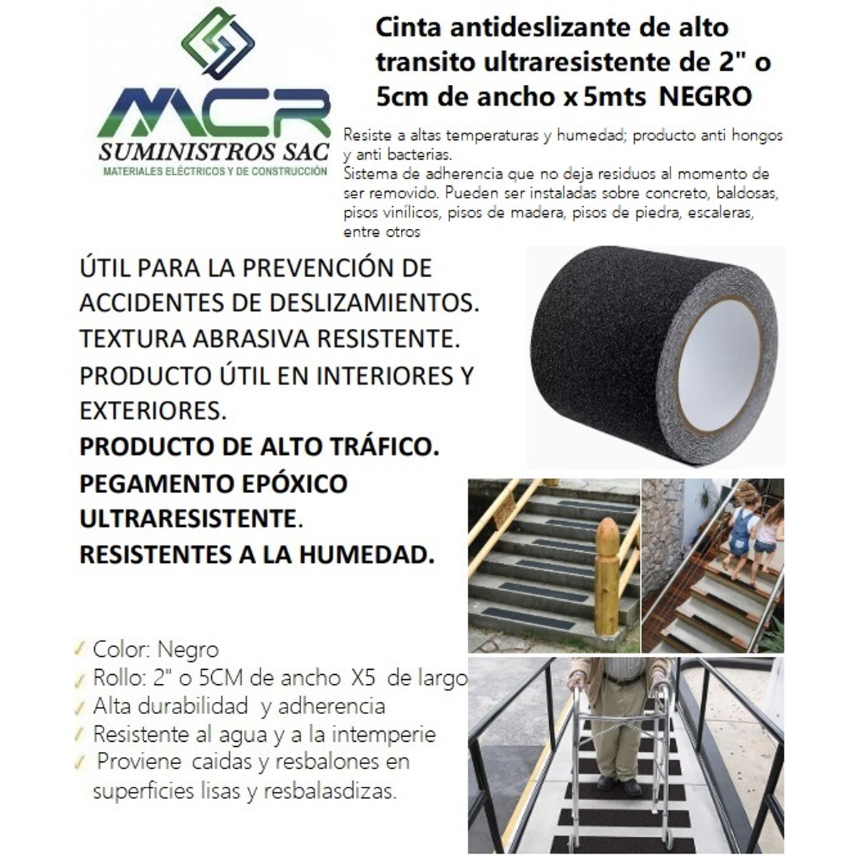 GENERICO - CINTA ANTIDESLIZANTE DE ALTO TRANSITO DE 2" O 5CM DE ANCHO X 5 MTS NEGRO