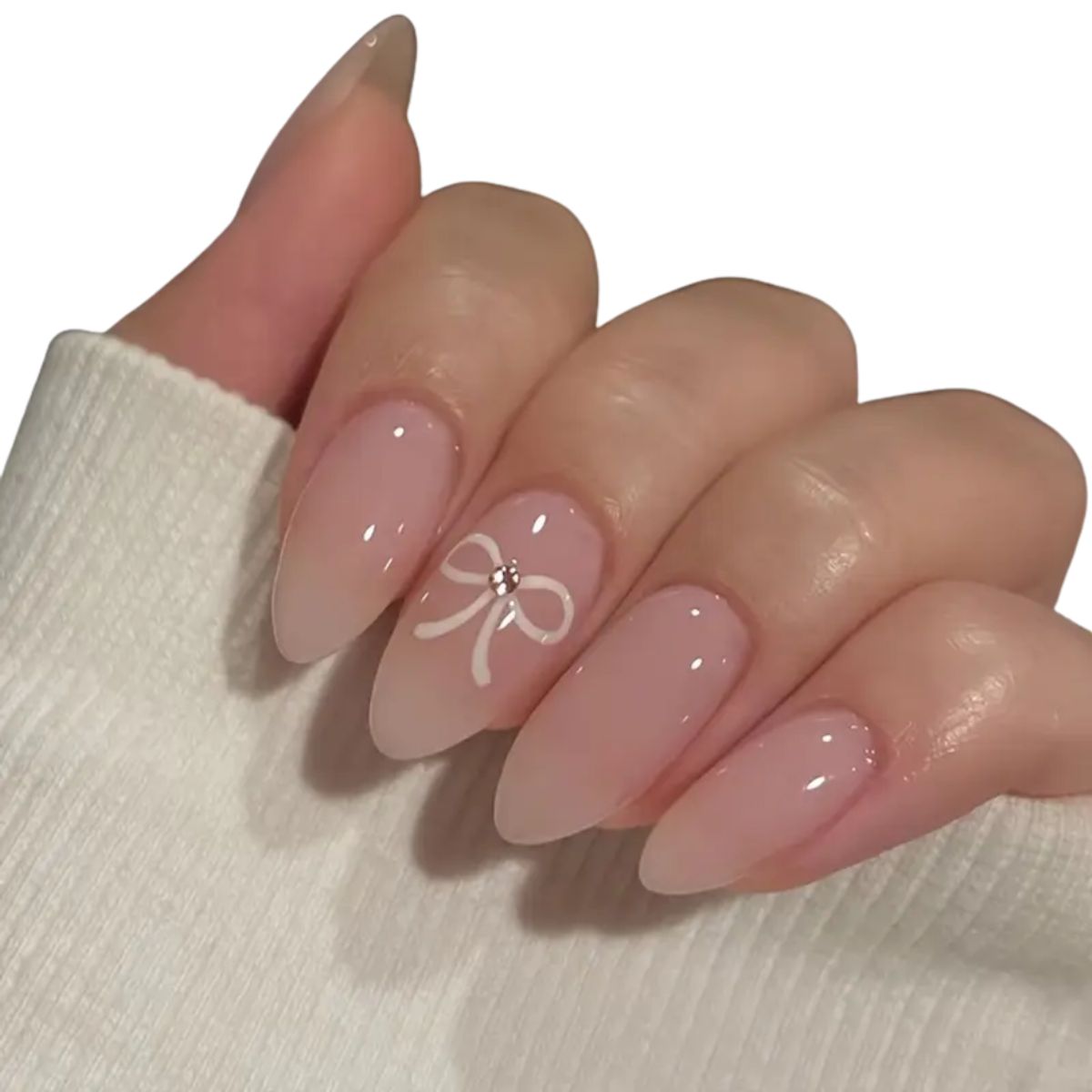 GENERICO - Uñas Press On - Nude con lazo y piedra - Set de 26 piezas