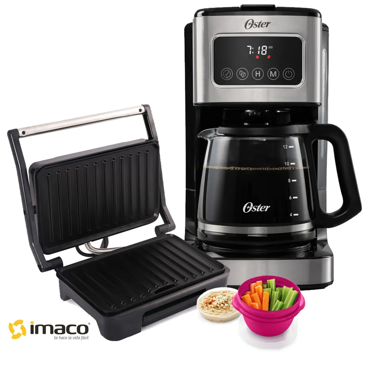 OSTER - Cafetera Oster Programable 12 Tz Bvstdc4403 + Mini grill panini Imaco