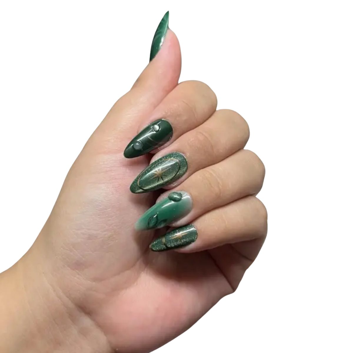 GENERICO - Uñas Press On - Verde oscuro con relieve - Set de 26 piezas