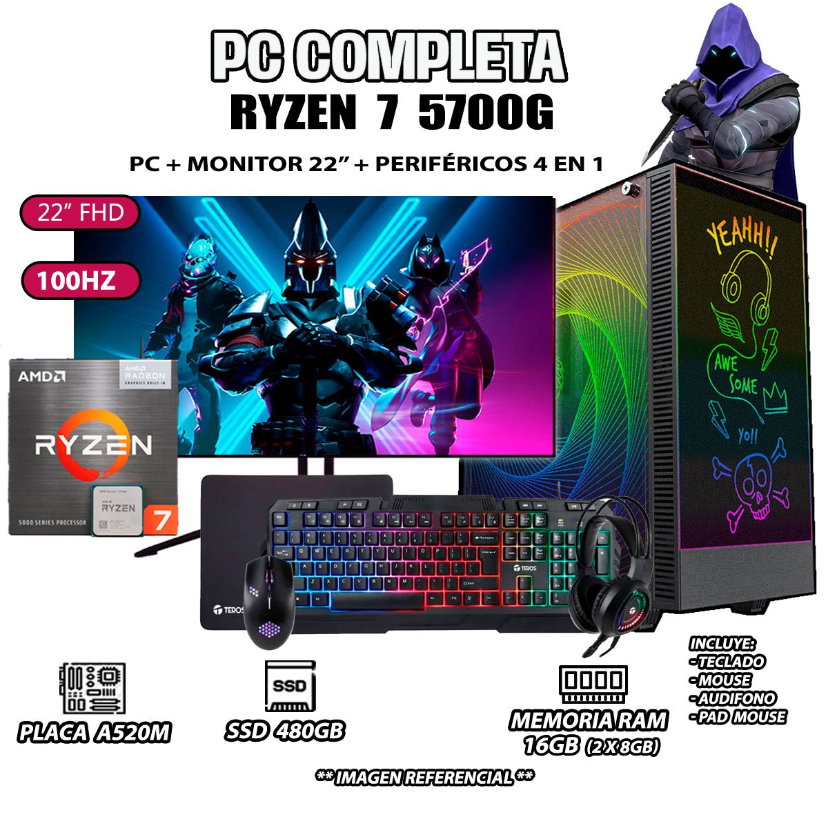 AMD - Computadora Completa Ryzen 7 5700G RAM 16GB DISCO SSD 500GB MONITOR 22" Full HD