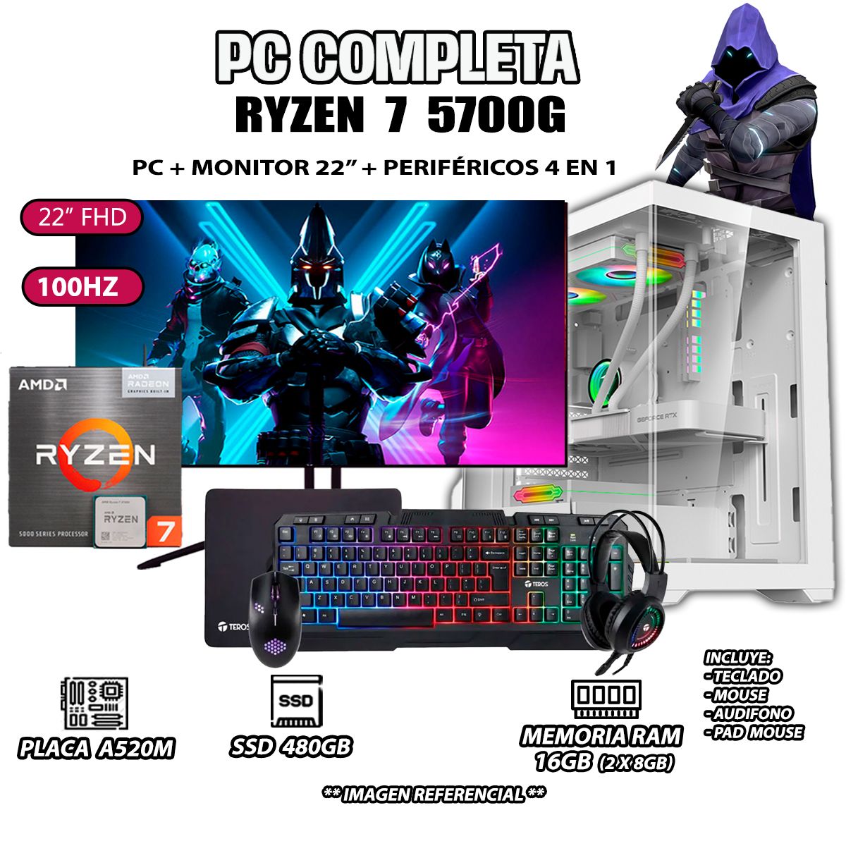 AMD - Computadora Completa Ryzen 7 5700G RAM 16GB DISCO SSD 500GB MONITOR 22" Full HD