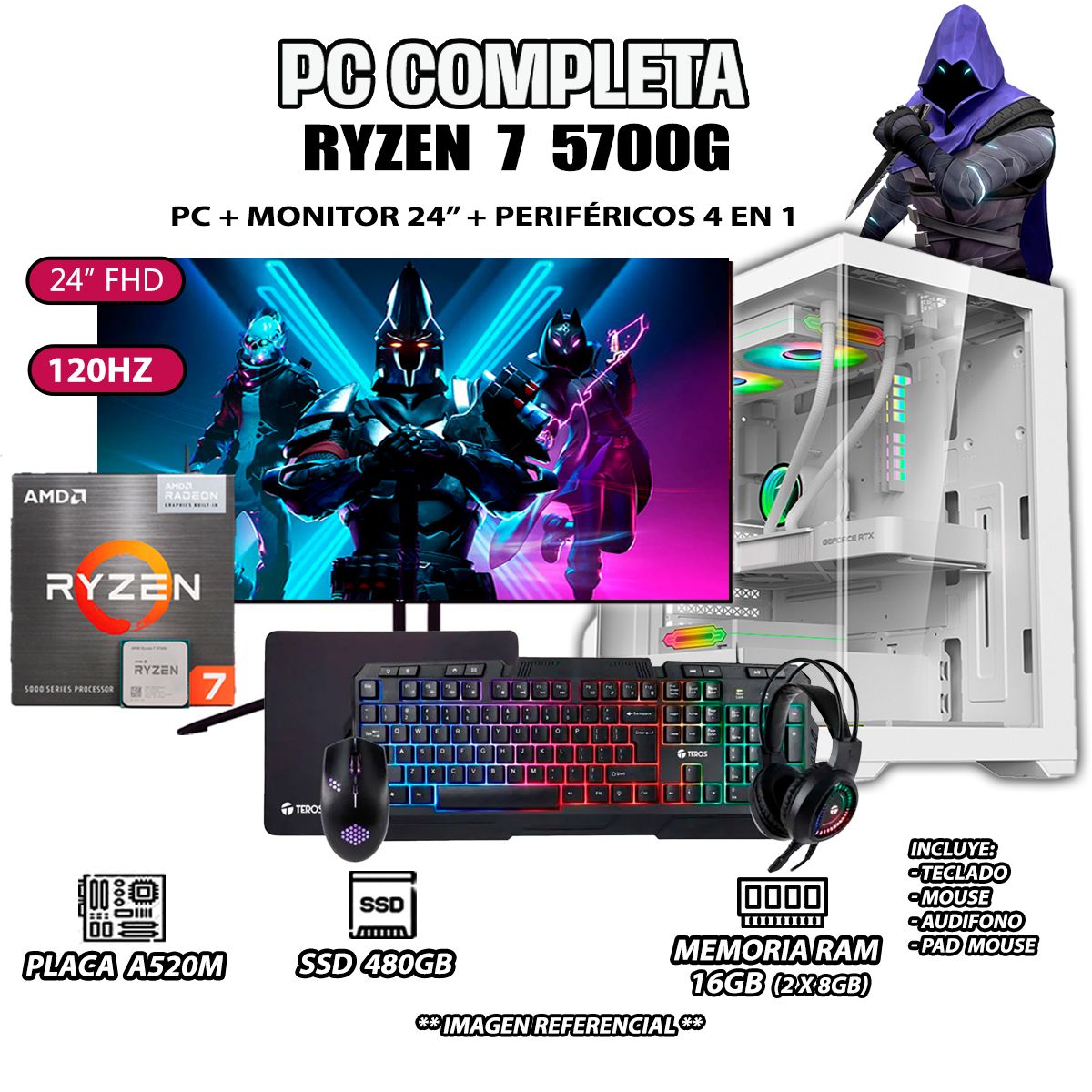 AMD - Computadora Completa Ryzen 7 5700G RAM 16GB DISCO SSD 500GB MONITOR 24" Full HD