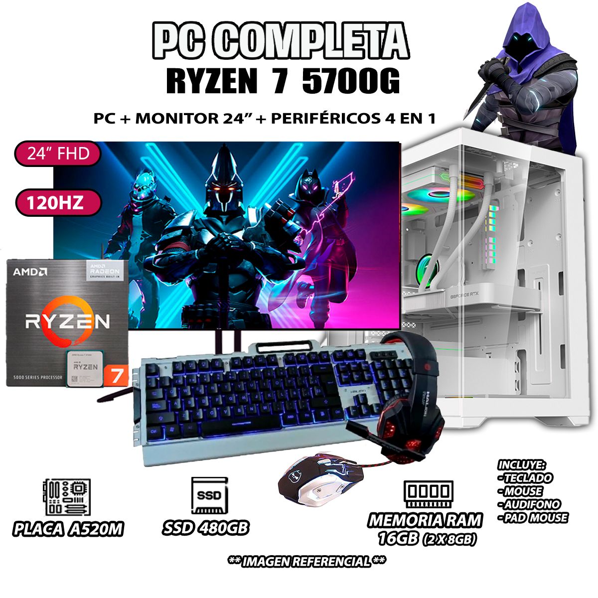 AMD - Computadora Completa Ryzen 7 5700G RAM 16GB DISCO SSD 500GB MONITOR 24" Full HD