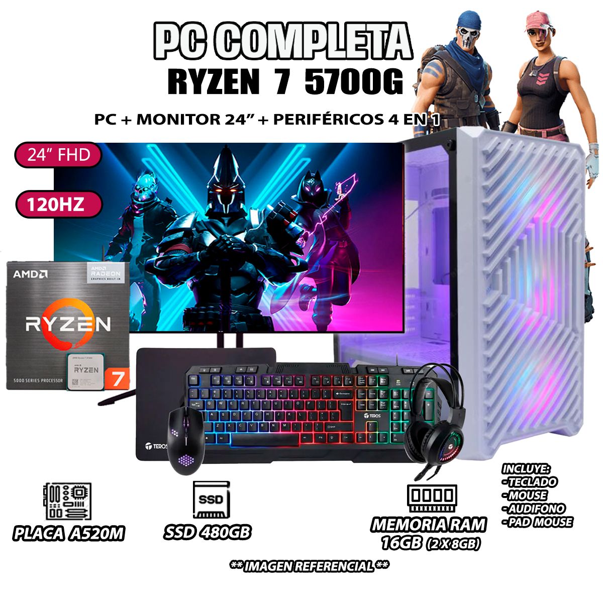 AMD - Computadora Completa Ryzen 7 5700G RAM 16GB DISCO SSD 500GB MONITOR 24" Full HD