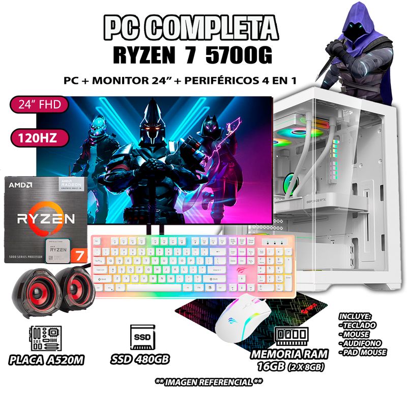 AMD - Computadora Completa Ryzen 7 5700G RAM 16GB DISCO SSD 500GB MONITOR 24" Full HD