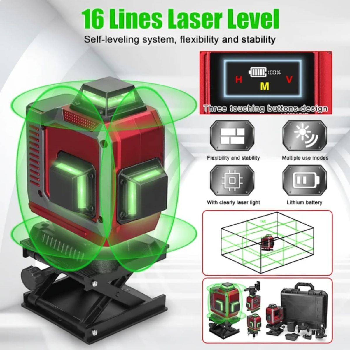 OEM - Nivel Laser Verde 16 Lineas Autonivelacion Recargable
