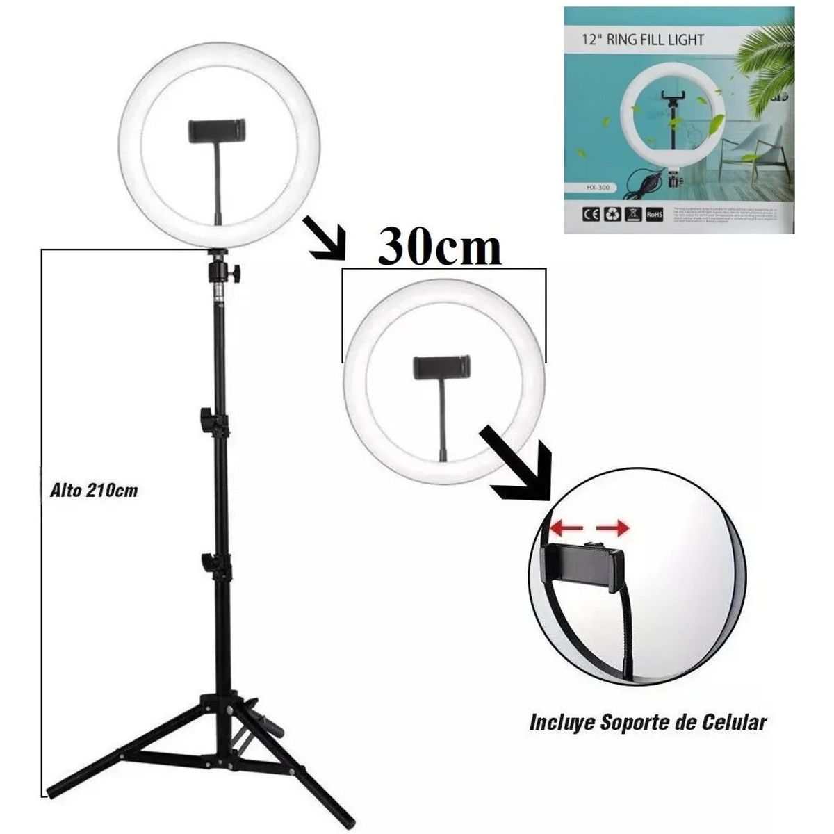 GENERICO - Aro De Luz Led 30cm + Trípode De 210m + Soporte De Celular