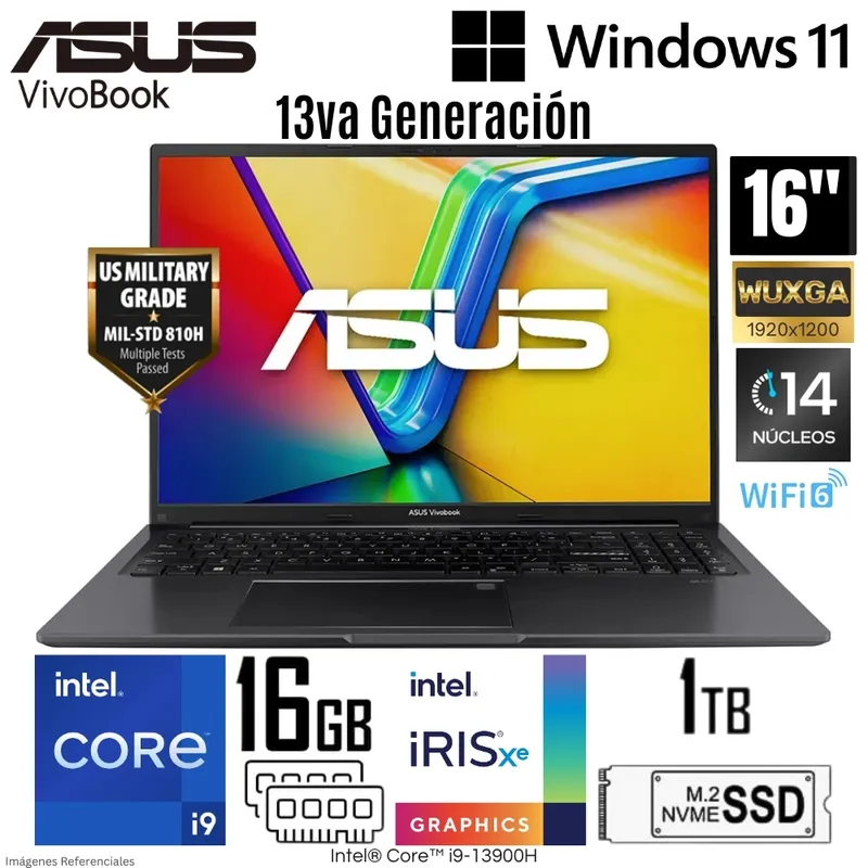 ASUS - Laptop Asus Vivobook 16 X1605VA-MB165W Intel Core i9-13900H 16GB RAM 1TB SSD 16" WUXGA Indie Black
