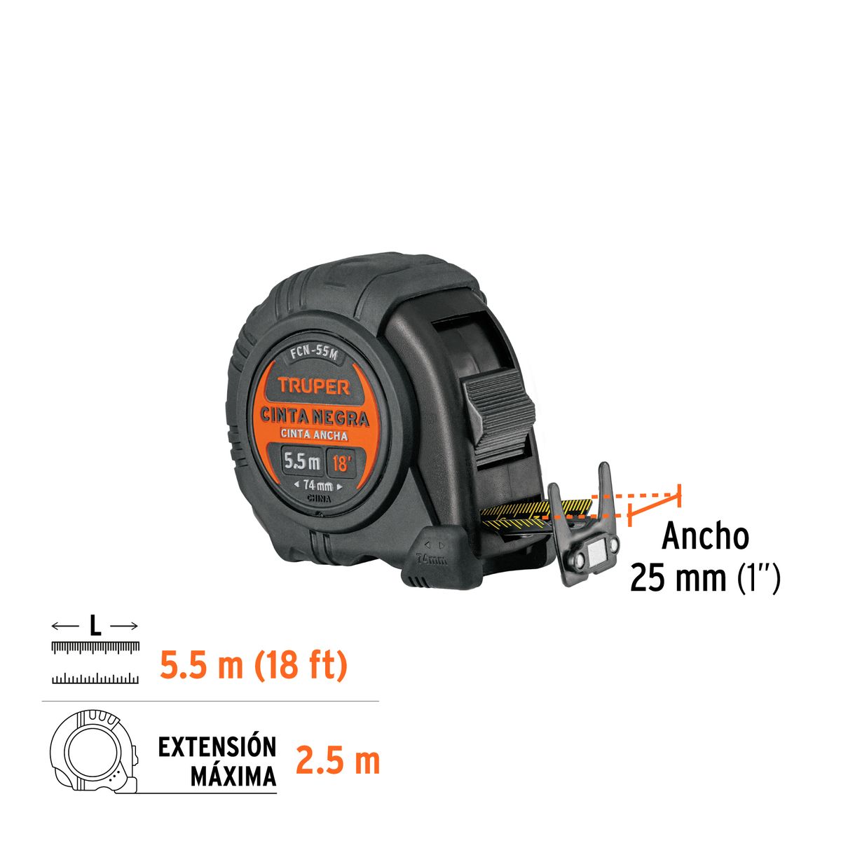 TRUPER - Wincha Métrica 5.5 Mts Cinta Negra 1"(25mm) Truper 11745