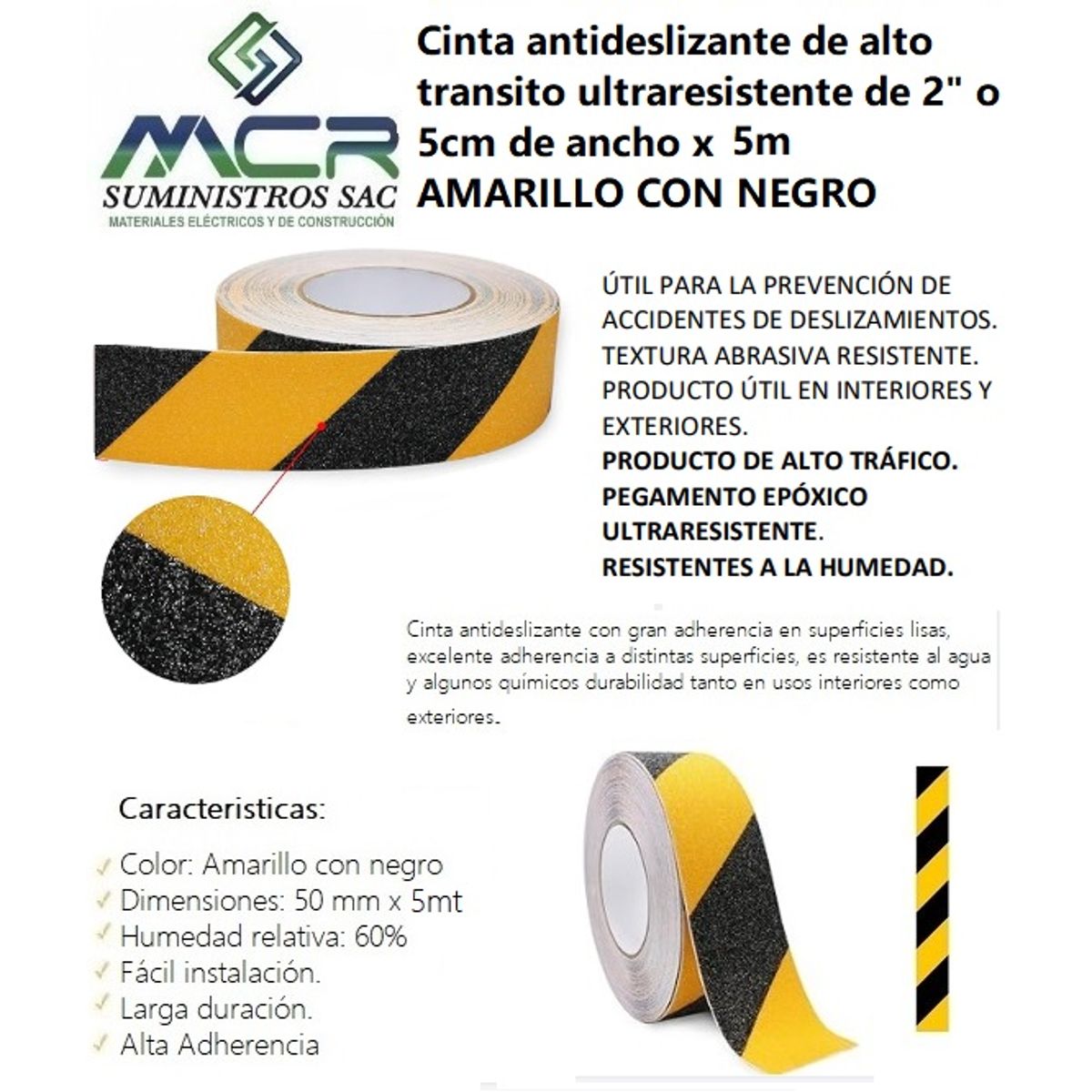 CINTA ANTIDESLIZANTE DE ALTO TRANSITO DE 2" O 5CM DE ANCHO X 5 MTS (BICOLOR), marca GENERICO - Foto Principal