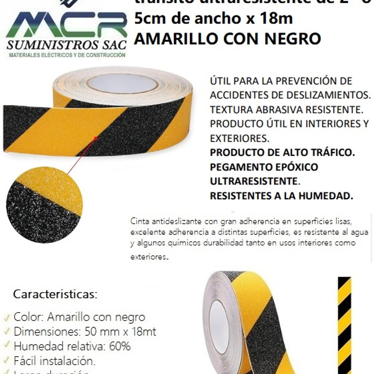 GENERICO - CINTA ANTIDESLIZANTE DE ALTO TRANSITO DE 2" O 5CM DE ANCHO X 18 MTS (BICOLOR)