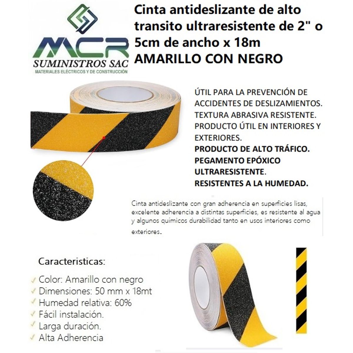 GENERICO - CINTA ANTIDESLIZANTE DE ALTO TRANSITO DE 2" O 5CM DE ANCHO X 18 MTS (BICOLOR)