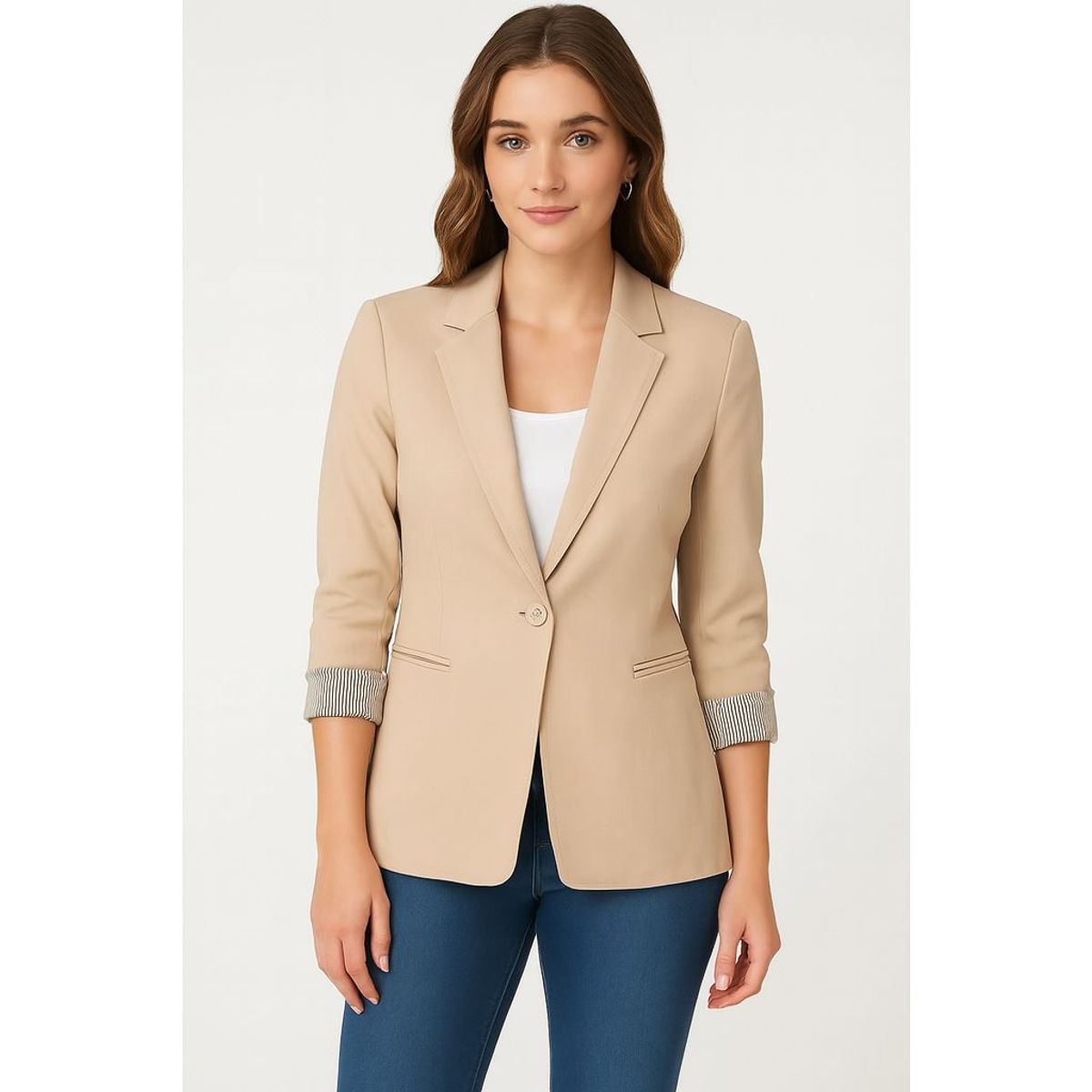 GENERICO - Blazer beige clasico saco mujer corte princesa